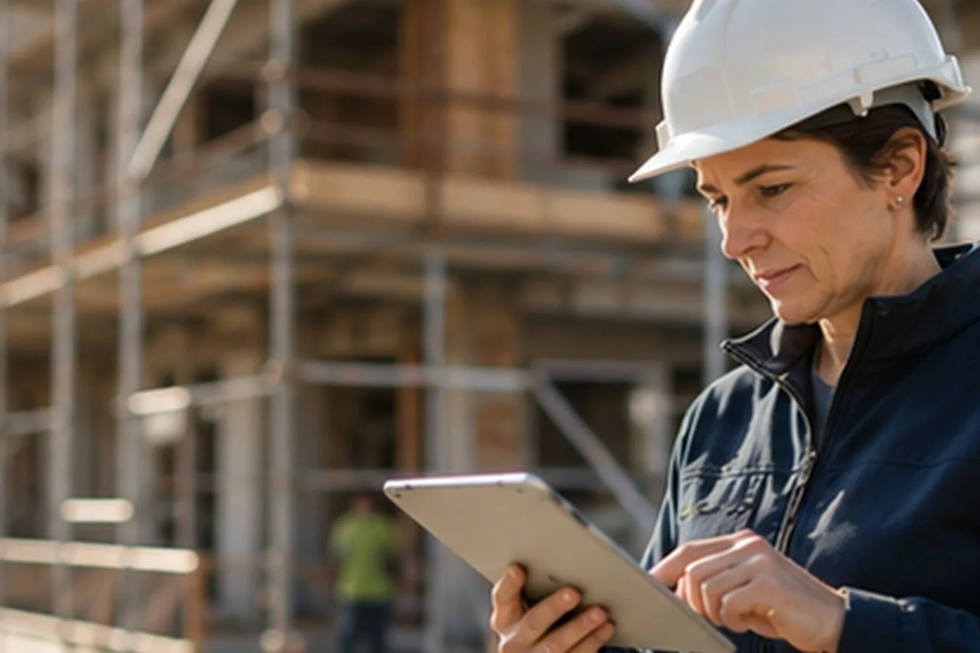 Bauleiter mit Tablet vor einem Rohbau