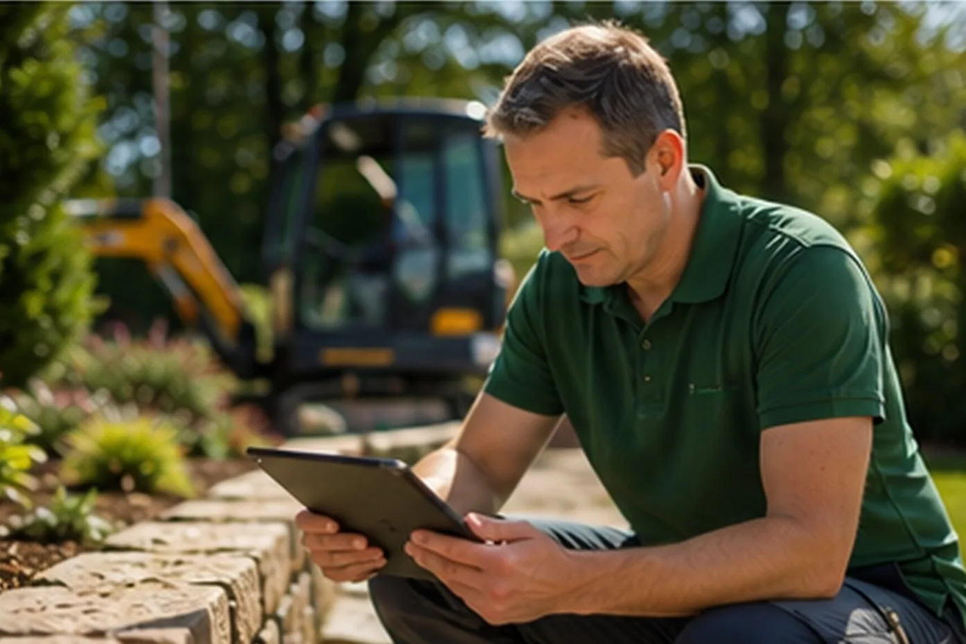 Gärtner plant Außenanlage mit Tablet