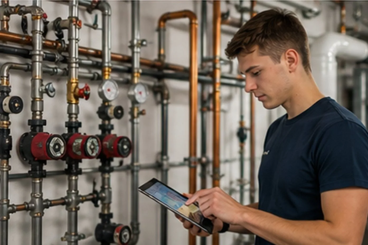Techniker prüft Anlage mit Tablet