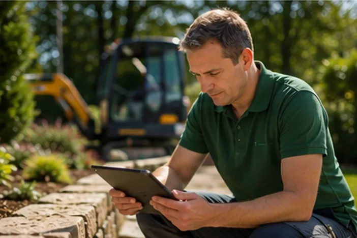 Gärtner plant Außenanlage mit Tablet