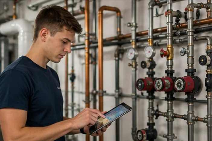 Techniker prüft Anlage mit Tablet