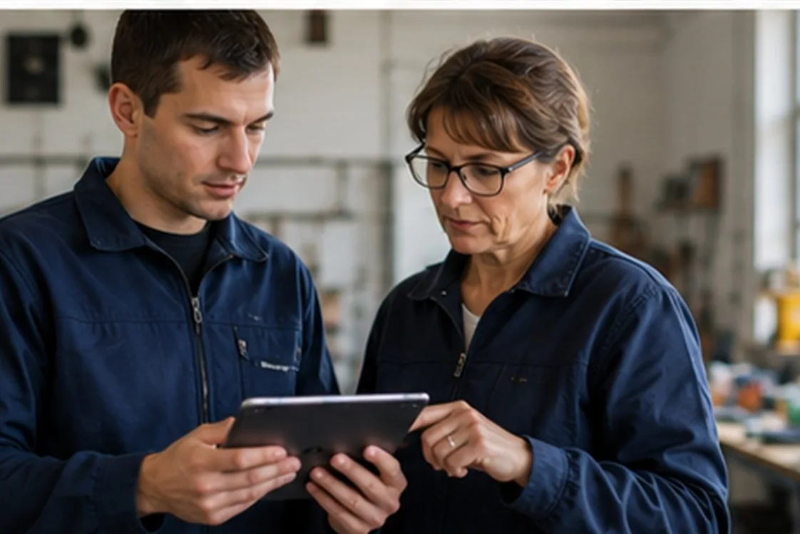 Zwei Unternehmer besprechen Projektdaten am Tablet