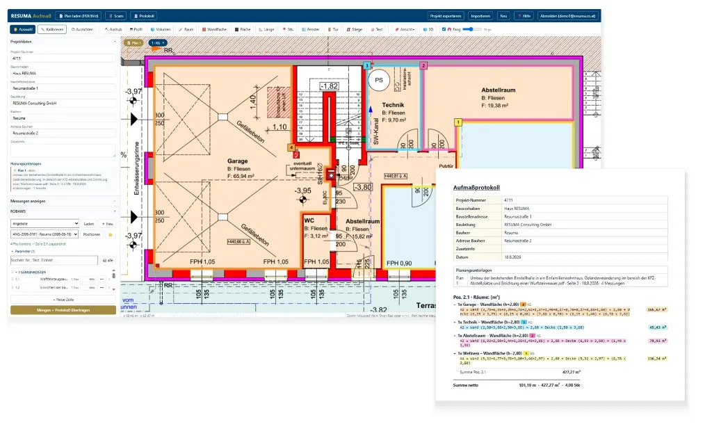 RESUMA&nbsp;3: Plan im Browser und fertiges Aufmaßprotokoll
