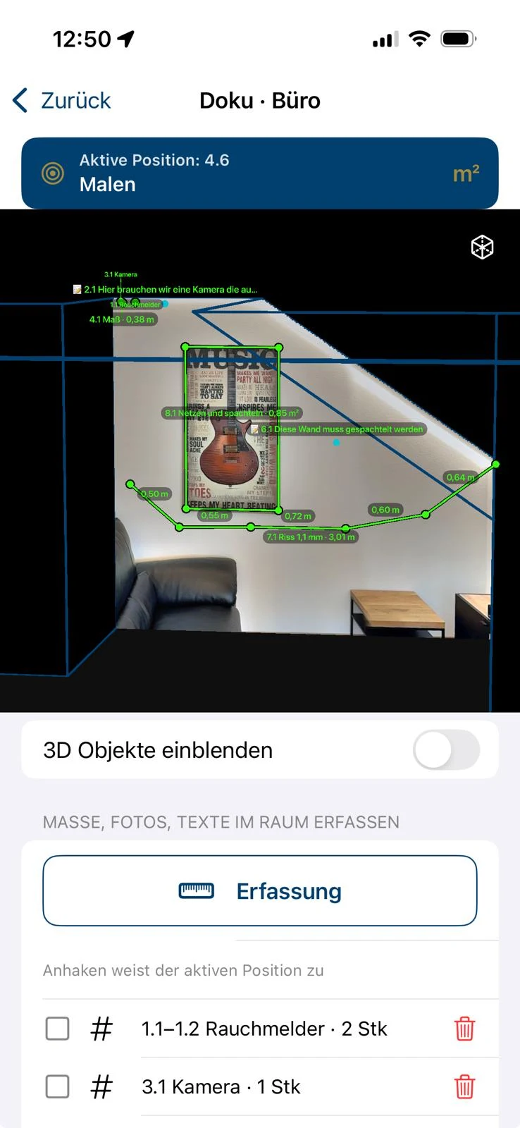 RESUMA&nbsp;DOKU in der App: aktive Position 4.6 Malen, im 3D-Raum Kettenmaß, Fläche, Riss und Notizen, darunter die Erfassungen mit Häkchen