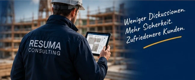 Handwerker mit Tablet auf der Baustelle: Weniger Diskussionen, mehr Sicherheit, zufriedenere Kunden